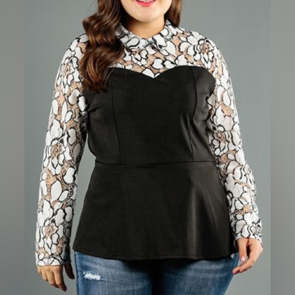 ELOQUII Floral Sheer Lace Peter Pan Collar Peplum Top Size 20‎